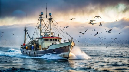Obraz premium Rugged commercial fishing boat navigates through dense fog, hauling in a large catch of fresh seafood on a misty morning in the open ocean.