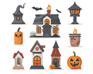 Halloween House and Pumpkin Illustration Set