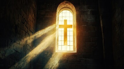 Light shining through a cross-shaped window, symbolizing hope and faith in Christianity.