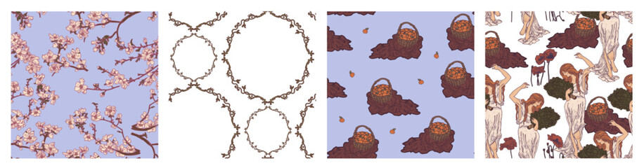 Set of seamless floral botanical patterns for spa, sauna, bath. Brooms, sakura, woman, fruit basket with apricots on blue