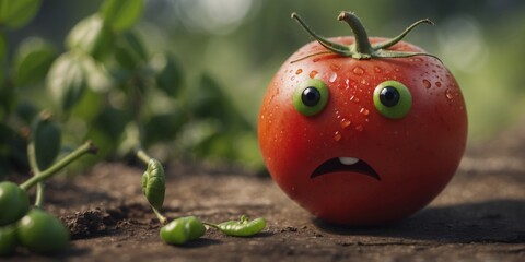 Sad tomato character with tearful expression and green leaves.