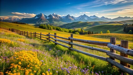 Fototapeta premium Rustic wooden fence stretches across rolling hills speckled with wildflowers, majestic mountains rising in the background under a clear blue sky on a tranquil ranch.