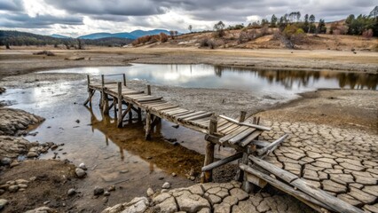Fototapeta premium A Broken Wooden Pier Over a Dried-Up Lakebed