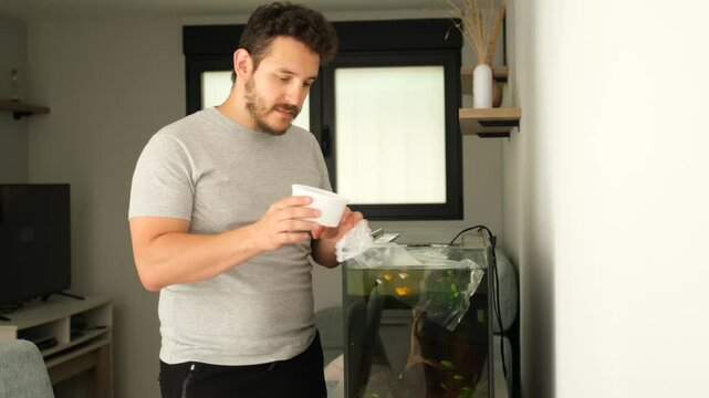 Man gently acclimating new fish pouring water from the aquarium to the plastic bag with the new fish