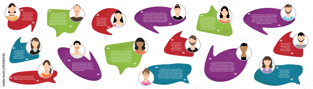 Poster testimonial speech bubble with people avatar in a flat design. quote speech bubble boxes with user i