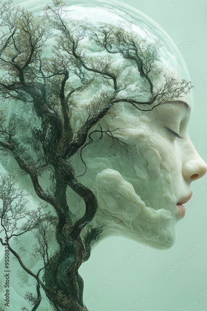 Aufkleber an abstract image of a head inside a bubble with twisting tree branches growing out, representing na