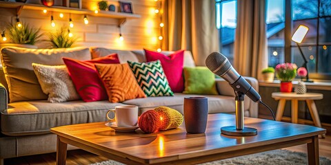 Cozy living room setup with microphone and speaker on coffee table, warm lighting, and colorful throw pillows, ready for an evening of fun entertainment.