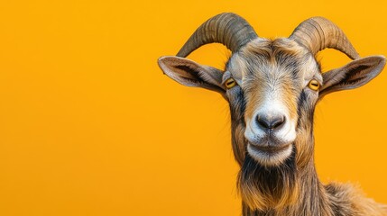 Obraz premium A close-up of a goat's face with its beard visible, set against a plain orange background.