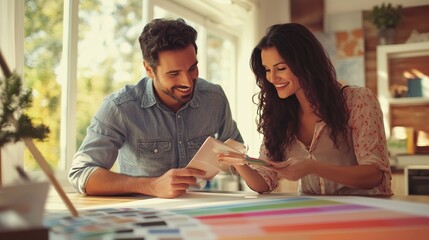 Fototapeta premium Couple discussing design options while reviewing color swatches in a bright, modern studio during the day