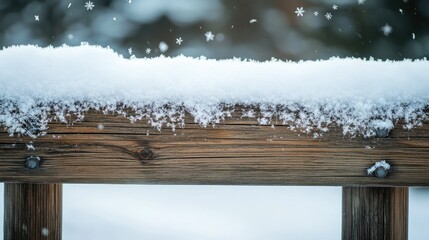 Close-up of a snow-covered wooden fence with snowflakes gently resting on the surface