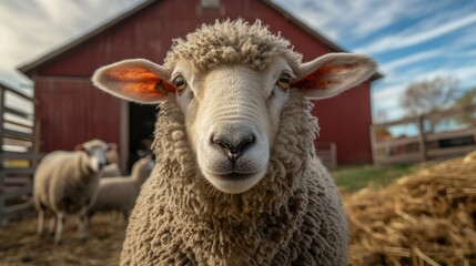 Obraz premium A close-up shot of a woolly sheep looking directly into the camera with a barn in the background.