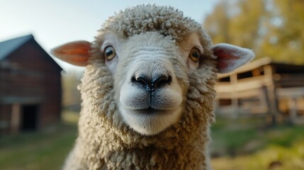 Fototapeta premium A close-up shot of a woolly sheep looking directly into the camera with a barn in the background.