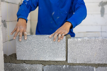 Close up hand construction mason worker bricklayer Engineering people, man construction worker and...