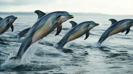 Dolphins leaping gracefully above ocean waves in a serene marine setting.