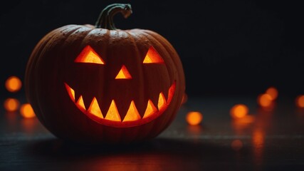 Fototapeta premium Red neon Halloween pumpkin on a black background.