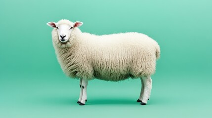 Naklejka premium A fluffy white sheep isolated against a solid green background, showcasing the softness of its wool.