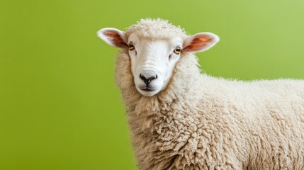 A fluffy white sheep isolated against a solid green background, showcasing the softness of its wool.