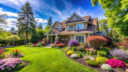 Obraz premium Cozy suburban residence with lush green lawn, vibrant blooming flowers, and a beautifully landscaped garden surrounded by mature trees under a bright blue sky.