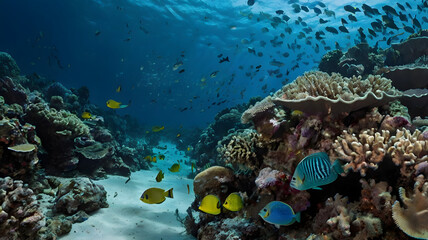 Fototapeta premium coral reef and fish coral reef and fish on a blue sea, big blue ocean, clear water, ai generated
