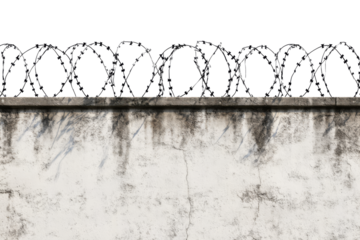 Barbed wire fence on top of concrete wall. Concept of restriction of freedom and prison