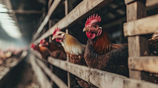 A group of chickens in a coop, symbolizing poultry farming and livestock care.