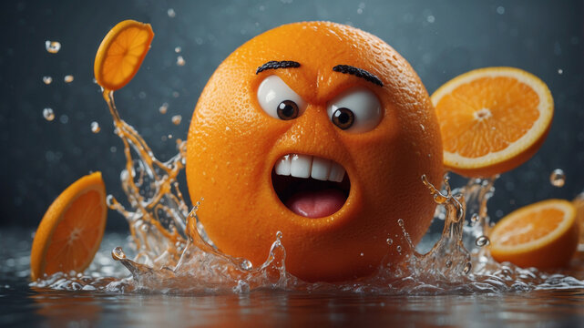 Angry orange character with splashing juice.