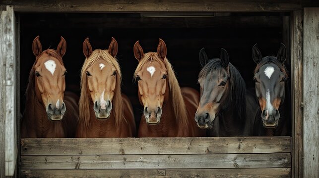 A group of horses in a stable, representing livestock care and equestrian farming.