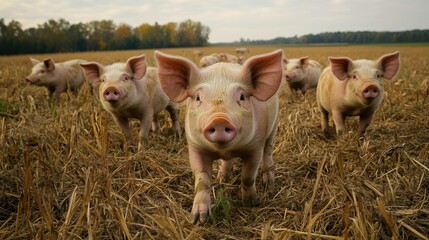 A group of pigs in a field, representing livestock farming and animal husbandry.