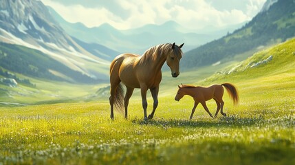 Obraz premium A horse and its foal walking side by side in a green meadow, with the foal playfully nipping at the mare.