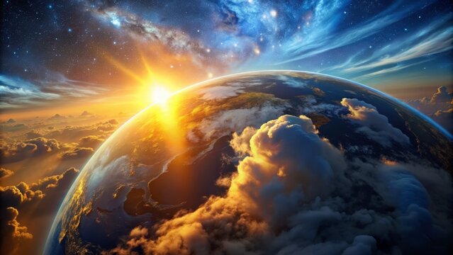 Serene blue planet Earth rotates slowly in space, with fluffy white clouds, sunlit atmosphere, and dark shadows, illuminated by a vibrant yellow-orange sunset glow.