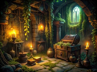 Dark, dimly lit, mystical chamber filled with ancient artifacts, mysterious relics, and vines, evoking a sense of secrecy and hidden power in a forgotten world.