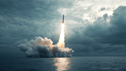 A rocket is launching into the sky, leaving a trail of smoke behind it