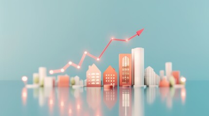 A symbolic illustration of real estate growth and financial success, with a graph showing upward trends and a cityscape backdrop reflecting economic development. The image offers ample copy space for