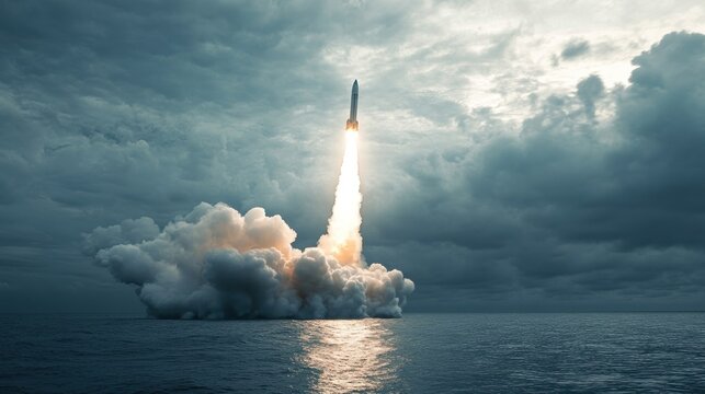 A rocket is launching into the sky, leaving a trail of smoke behind it