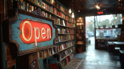 Cozy Bookstore with Open Sign Welcoming Readers Inside