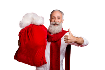 Trendy aged man plays modern santa with large velvet sack raising thumb up wear stylish sweater isolated red background