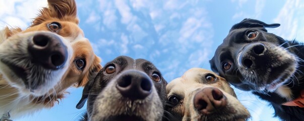 A playful scene of diverse dogs curiously peering down into the camera from above, set against a bright blue sky, encapsulating joy, curiosity, and companionship