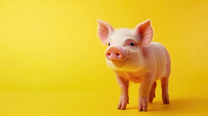A pink piglet standing on a bright yellow background, its curious eyes wide open.