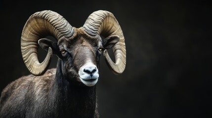 A ram with curved horns standing against a bold black background, its powerful form highlighted.