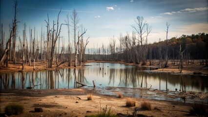 Obraz premium Tranquil Lake Surrounded by Dead Trees in a Forest
