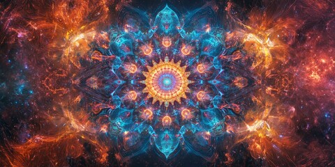 Fototapeta premium Abstract cosmic mandala with orange and blue hues.