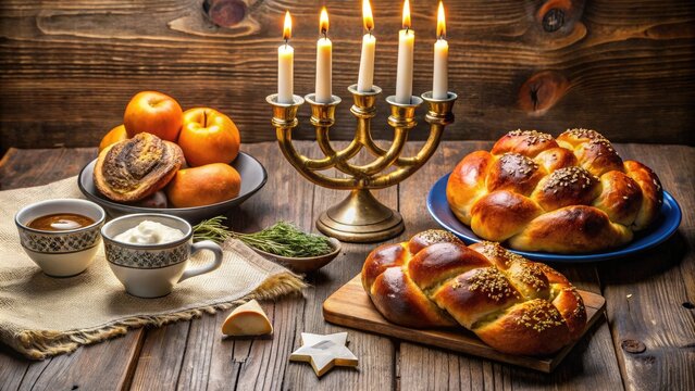 Delicately arranged traditional Jewish dishes and ingredients, including menorah, challah bread, and Star of David, on a ornate wooden table with elegant linens.