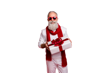 Cool aged santa like man came 2020 party with big giftbox wear sun specs knitted jumper isolated red background