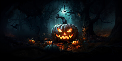 Dark creepy forrest with a Halloween Jack-o-Lantern pumpkin background wallpaper illustration