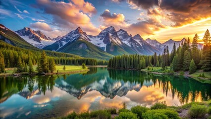 Fototapeta premium Serene panoramic view of a majestic mountain range with snow-capped peaks, lush green valleys, and a tranquil lake in the foreground at sunset.