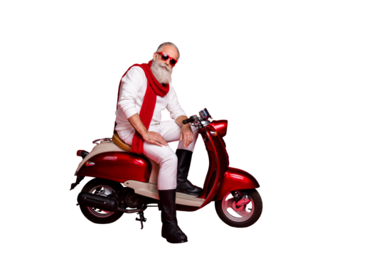 Gangster grandfather santa man sitting on retro moped wear jumper and trousers isolated red background