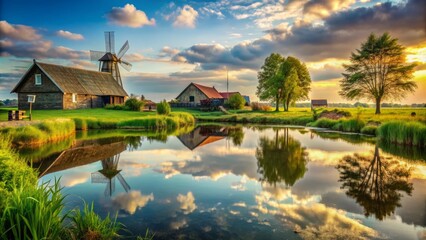 Obraz premium Serene rural landscape featuring a still pond reflecting the sky, surrounded by lush greenery and rustic farm buildings with a windmill in the distance.