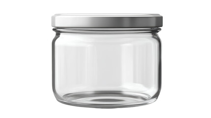 Empty glass jar with silver lid, perfect for storage or decoration. 