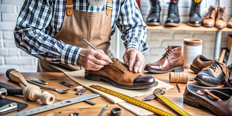 Skilled Craftsman Repairing Leather Shoe in Workshop. A skilled cobbler meticulously repairs a vintage leather shoe in his workshop, surrounded by traditional tools and materials. 