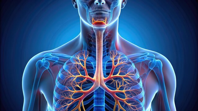Detailed 3D illustration of human trachea anatomy showing bronchi, rings, and mucous membrane, illuminated from within, on a dark blue background for educational use.